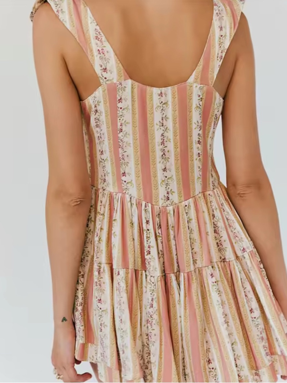 Floral Stripe Mini Dress, Boho Cottagecore Lace Trim Sundress - Picture 2 of 2